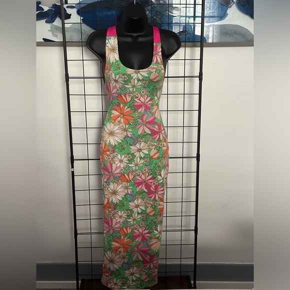 Green Floral Cut Out Pink Self Tie Back Closure Midi Dress - Picture 5 of 17